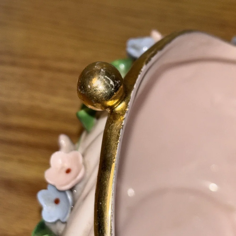 Vintage Lefton Porcelain Purse Shaped Vase  Pink Blue Flowers Gold‎ Accents